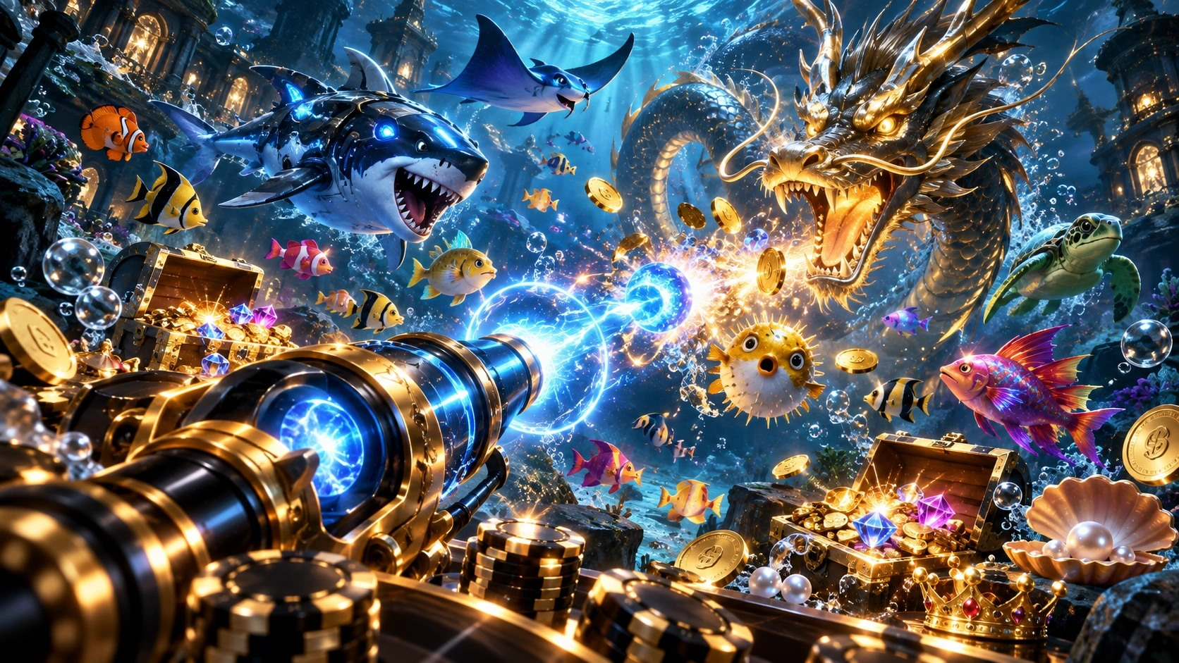 Cảnh game Bắn Cá online với pháo, cá, boss và mục tiêu dưới nước